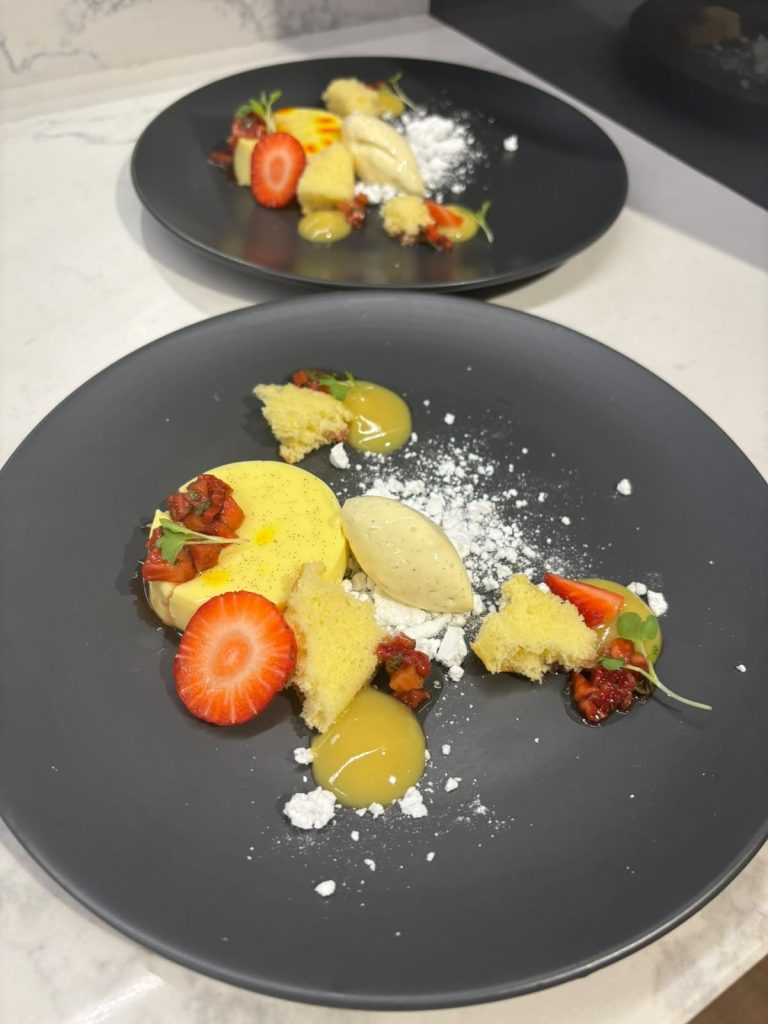 Strawberry and cream dessert with citrus and crumb