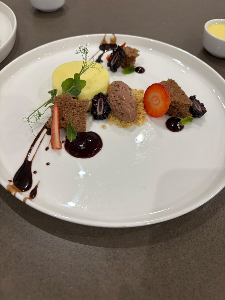 Chocolate and berry dessert with quenelles and tuile